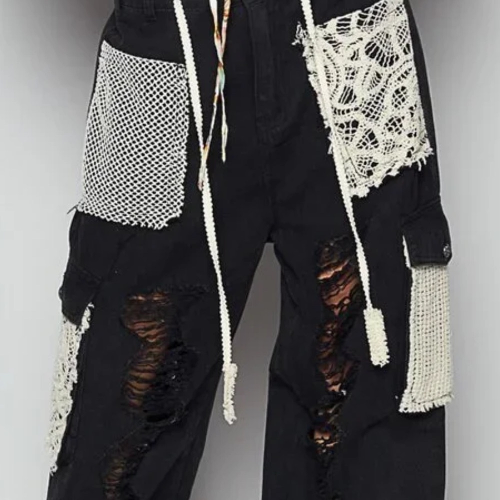 Pol Crochet Patchwork Black Distressed Jogger Pan… - image 2